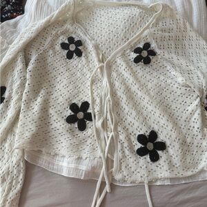 Cream Crochet Tie-Front Cardigan with Black Flower Appliqués